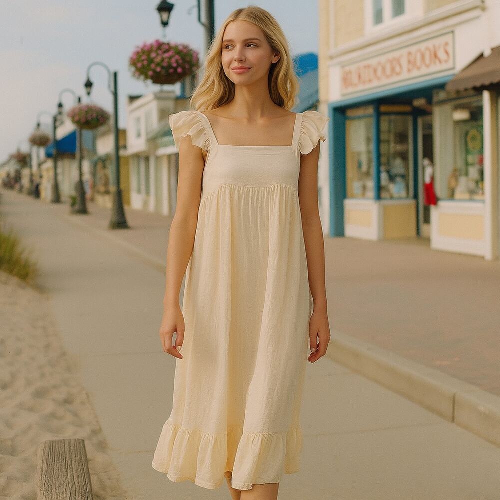 Miou Muse yellow Striped Ruffle Sleeve Dress with‎ Pockets size S